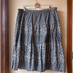 Japanese Inspired 100% Cotton Tiered Midi Skirt Navy Blue White Floral Size 2X